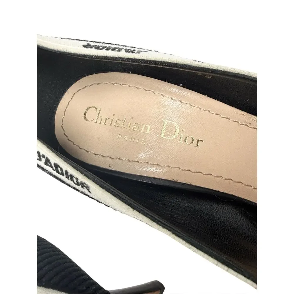 Dior J’Adior Logo Ribbon Black Canvas Slip On Pointed Toe Pumps Size 38